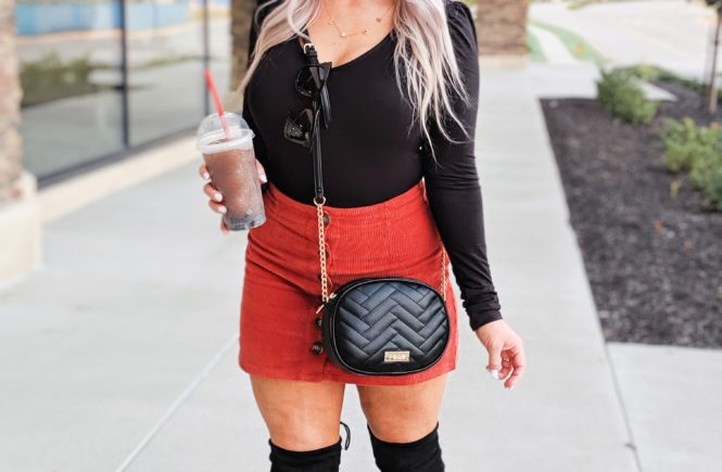 Corduroy Skirt Outfits - Fall Outfits 2019: (ad) Scored this black bodysuit, corduroy skirt, and crossbody bag at Gordmans during their Grand Opening Tour! I shopped the Gordmans in Dyersburg, TN and let me tell you, their prices are too good to pass up! Loving this cute button up corduroy skirt for fall 2019! #GotitatGordmans #GordmansGrandOpeningTour #gthanks