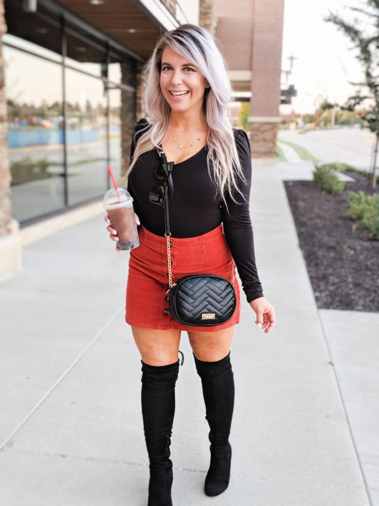 Corduroy Skirt Outfits - Fall Outfits 2019: (ad) Scored this black bodysuit, corduroy skirt, and crossbody bag at Gordmans during their Grand Opening Tour! I shopped the Gordmans in Dyersburg, TN and let me tell you, their prices are too good to pass up! Loving this cute button up corduroy skirt for fall 2019! #GotitatGordmans #GordmansGrandOpeningTour #gthanks
