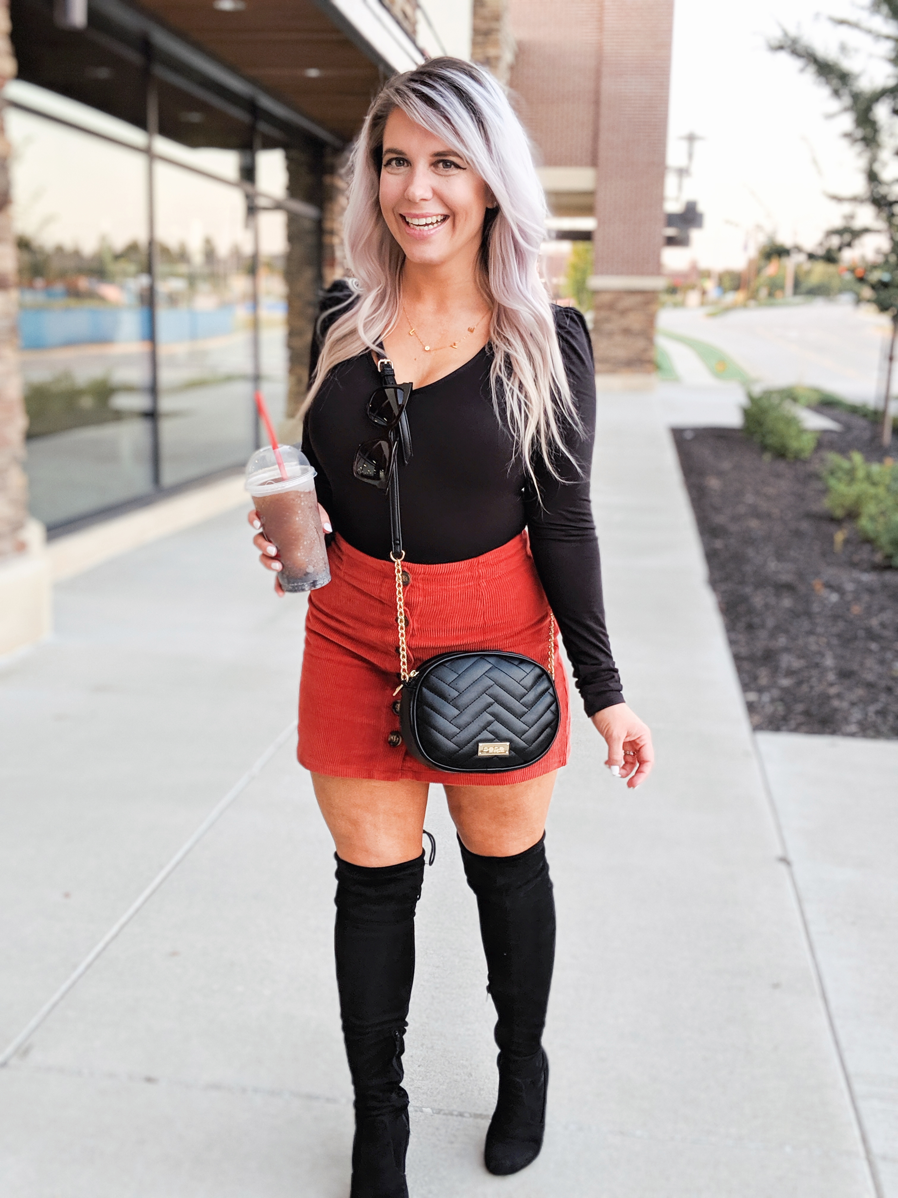 Corduroy Skirt Outfits - Fall Outfits 2019: (ad) Scored this black bodysuit, corduroy skirt, and crossbody bag at Gordmans during their Grand Opening Tour! I shopped the Gordmans in Dyersburg, TN and let me tell you, their prices are too good to pass up! Loving this cute button up corduroy skirt for fall 2019! #GotitatGordmans #GordmansGrandOpeningTour #gthanks 