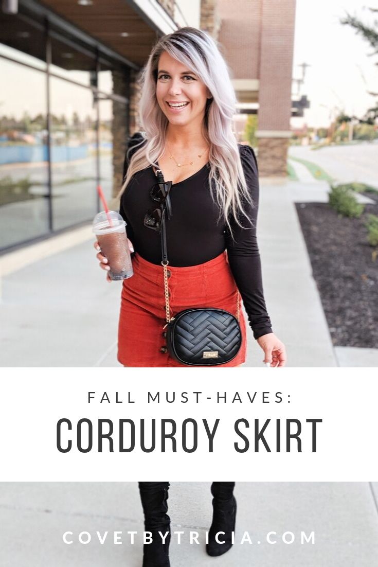 Corduroy Skirt Outfits - Fall Outfits 2019: (ad) Scored this black bodysuit, corduroy skirt, and crossbody bag at Gordmans during their Grand Opening Tour! I shopped the Gordmans in Dyersburg, TN and let me tell you, their prices are too good to pass up! Loving this cute button up corduroy skirt for fall 2019! #GotitatGordmans #GordmansGrandOpeningTour #gthanks