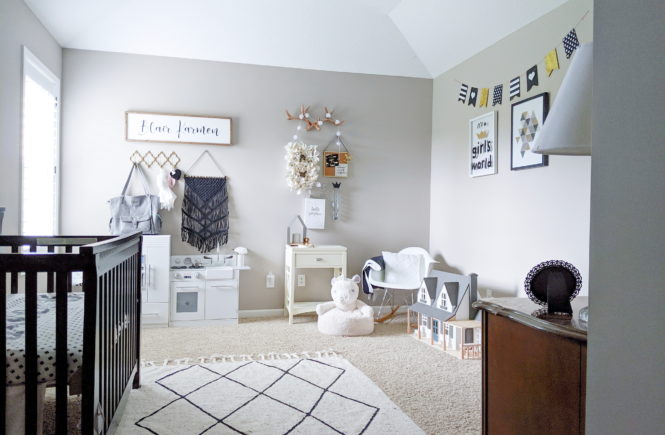 This is the cutest baby girl nursery! Exactly how I want my baby girl nursery to look. I love that it's a baby girl nursery not pink! Baby girl nursery monochrome, grey and white nursery, baby girl nursery ideas not pink. #babygirlnursery #nurserydecor #girlnursery