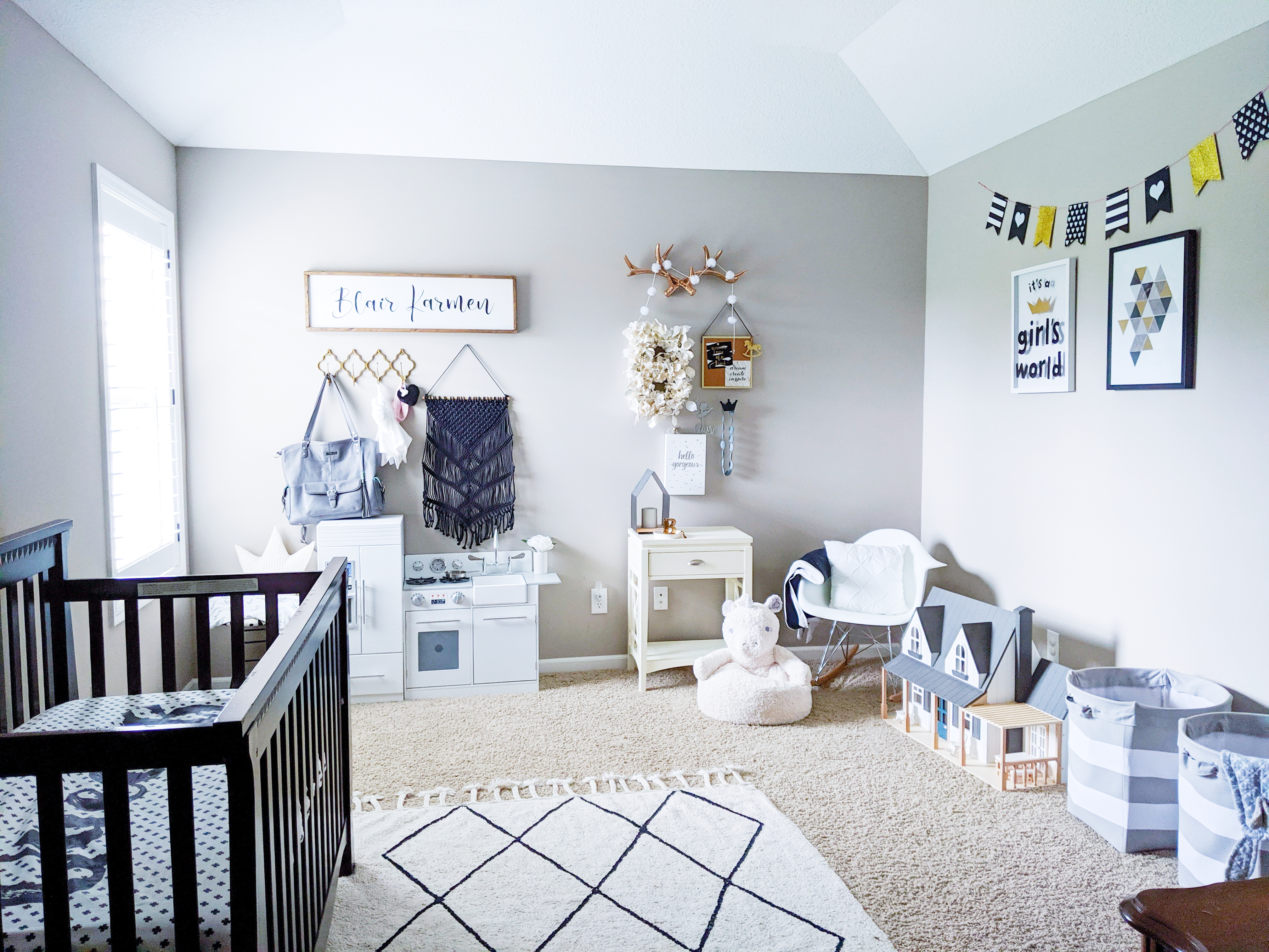 This is the cutest baby girl nursery! Exactly how I want my baby girl nursery to look. I love that it's a baby girl nursery not pink! Baby girl nursery monochrome, grey and white nursery, baby girl nursery ideas not pink. #babygirlnursery #nurserydecor #girlnursery 