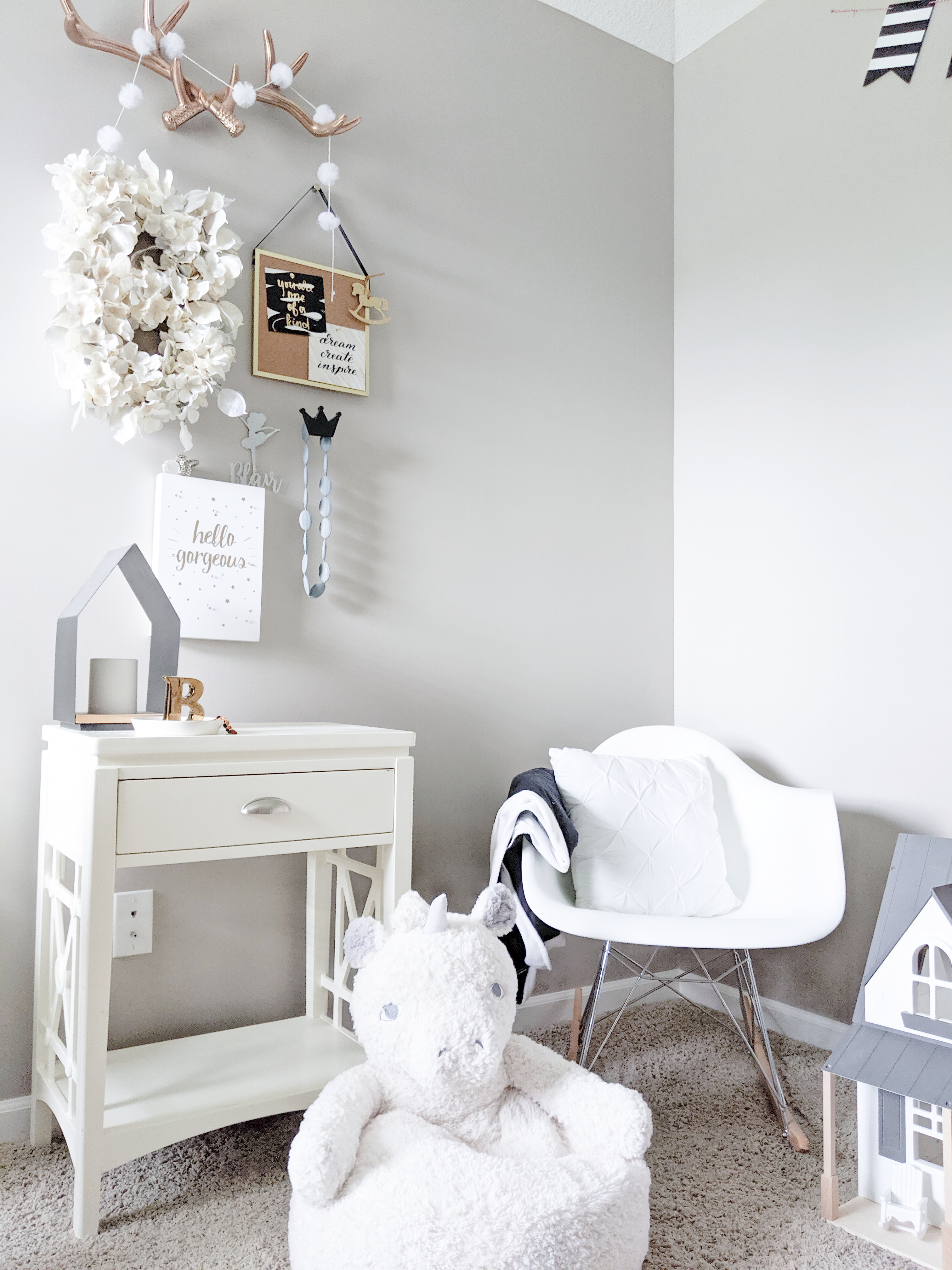 This is the cutest baby girl nursery! Exactly how I want my baby girl nursery to look. I love that it's a baby girl nursery not pink! Baby girl nursery monochrome, grey and white nursery, baby girl nursery ideas not pink. #babygirlnursery #nurserydecor #girlnursery 