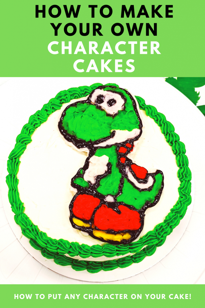 How to Make a Character Cake - DIY Character Cake: Easy DIY Instructions to put ANY character on a cake! Here's how to do a frozen buttercream transfer to make a character cake. #cakedecorating #yoshi #cakes