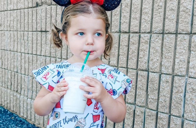 Disney Outfit Toddler Girl - Favorite Things Fabric - Favorite Things Leotard: The perfect Disney outfit for your toddler girl! This Lili.Lane Favorite Things leotard features Disney, Starbucks, Chick-fil-A, and Target all in one! #favoritethings #disney #leotard #littledancer #mouseears