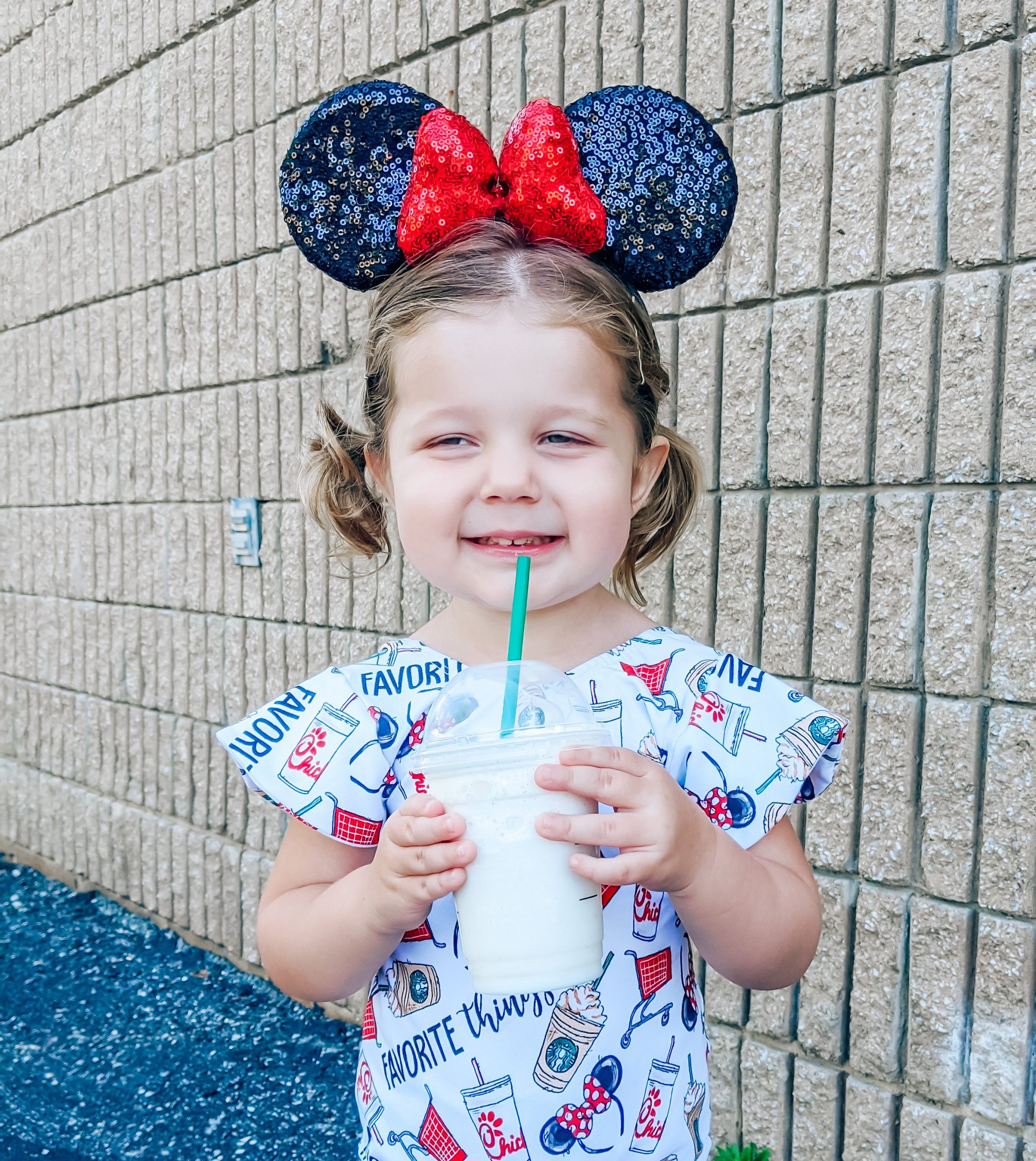 Disney Outfit Toddler Girl - Favorite Things Fabric - Favorite Things Leotard: The perfect Disney outfit for your toddler girl! This Lili.Lane Favorite Things leotard features Disney, Starbucks, Chick-fil-A, and Target all in one! #favoritethings #disney #leotard #littledancer #mouseears