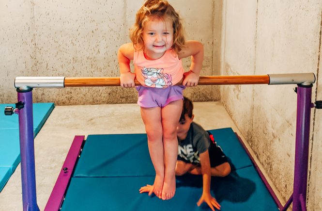 Best Gymnastics Equipment for Home - Home Gymnastics Setup - Home Gymnastics Equipment: Kansas City blogger Tricia Nibarger shows the best gymnastics equipment for home with her family's home gymnastics setup! #gymnastics #littlegymnast #gymnast
