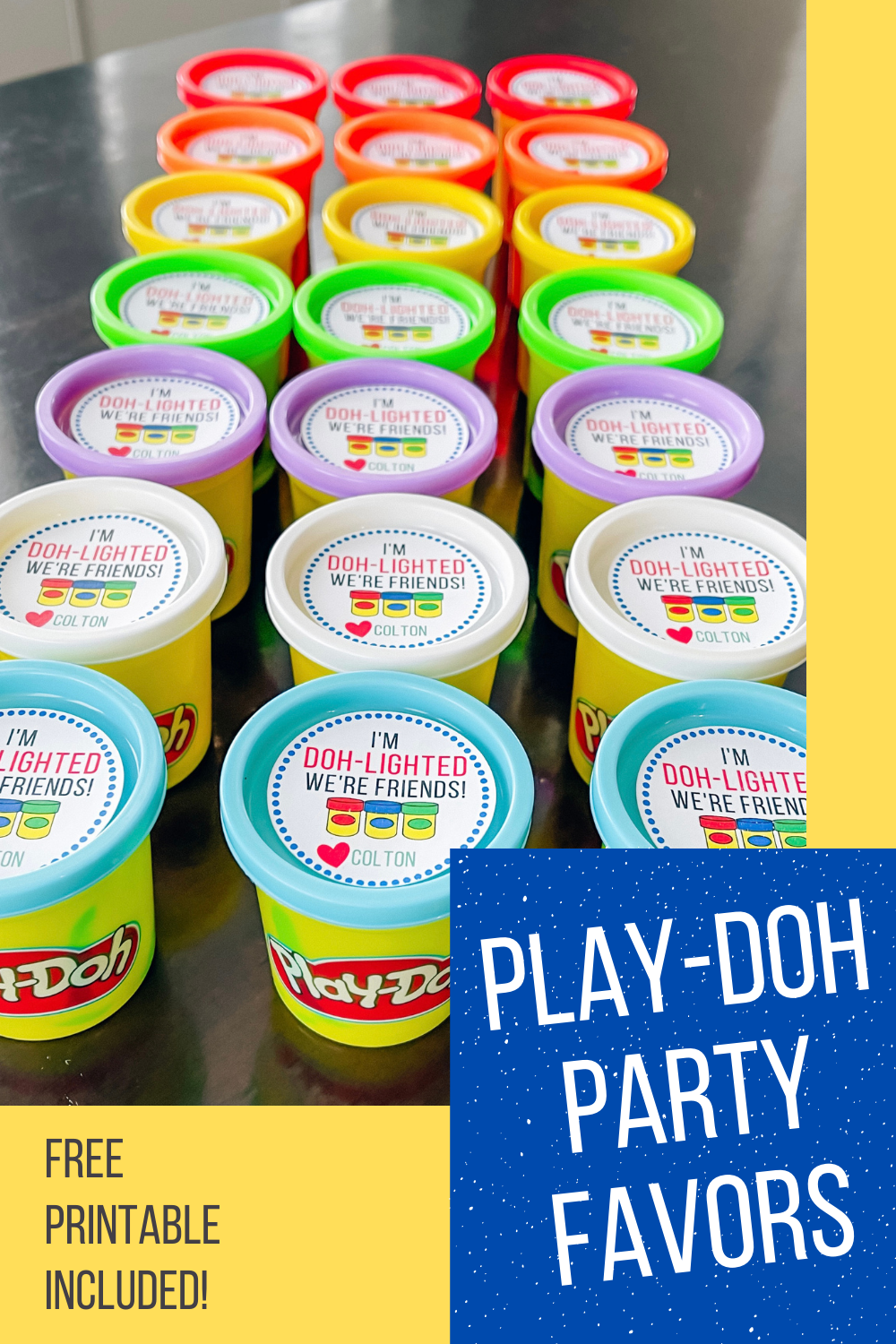 Play-Doh Party Favors - Non-Candy Party Favors - Classroom Party Favors - Play-Doh Labels - Beginner Cricut projects: These Play-Doh party favor labels are fun and easy to make! Free printable included plus Cricut Design Space file to help with cutting! #cricut #playdoh #party